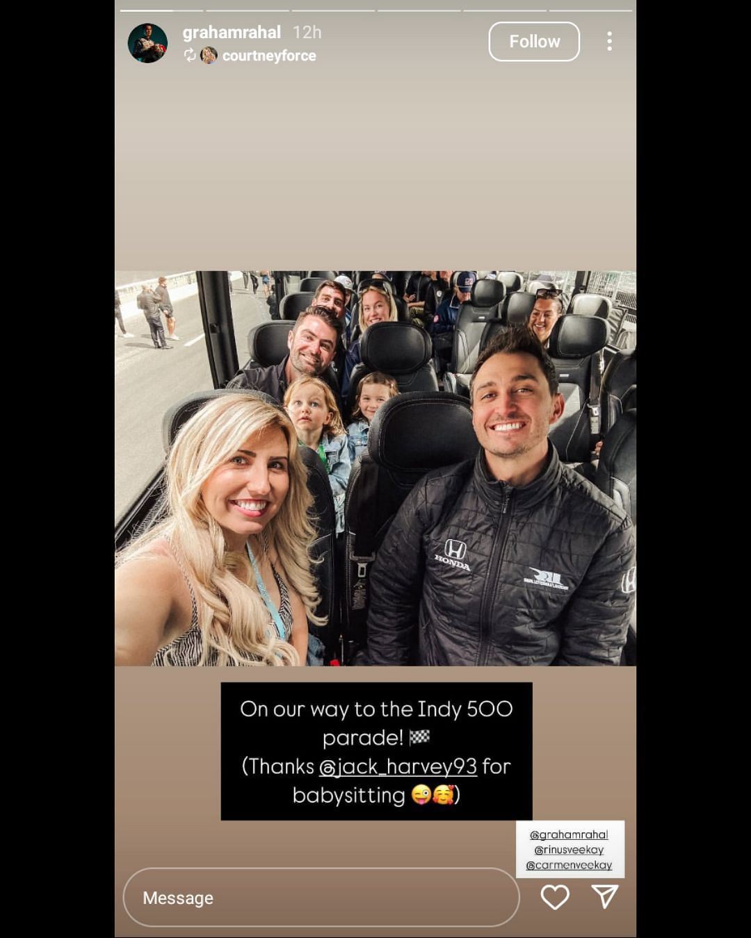 Screenshot of Graham Rahal's Instagram story via his Instagram @grahamrahal